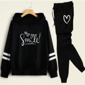 Black Double Stripe Smile Printed Tracksuit For Girls & Women - Comfy & Cozy Hoodies For Girls