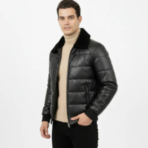 Men’s black puffer jacket with faux leather finish and fur collar
