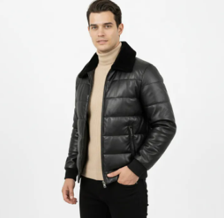 Men’s black puffer jacket with faux leather finish and fur collar