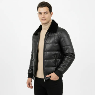 Men’s Black Faux Leather Puffer Jacket with Fur Collar - Image 7