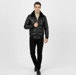 Men’s Black Faux Leather Puffer Jacket with Fur Collar - Image 6