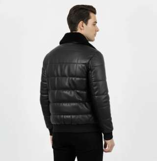 Men’s Black Faux Leather Puffer Jacket with Fur Collar - Image 5