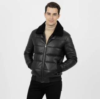 Men’s Black Faux Leather Puffer Jacket with Fur Collar - Image 4