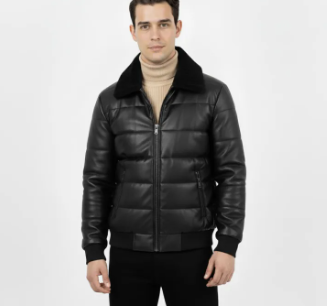 Men’s Black Faux Leather Puffer Jacket with Fur Collar - Image 2