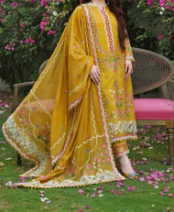 Mustard yellow embroidered 3 piece winter suit for women with floral dupatta